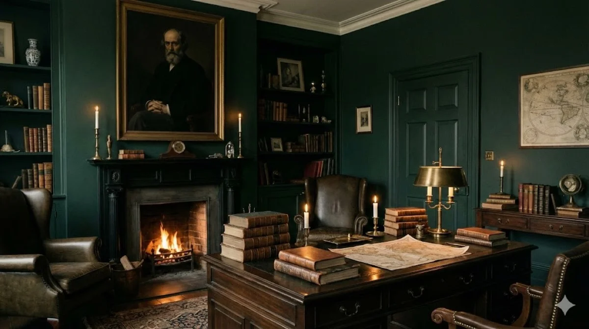 Dark academia study with leather chairs, fireplace, books, and candlelight