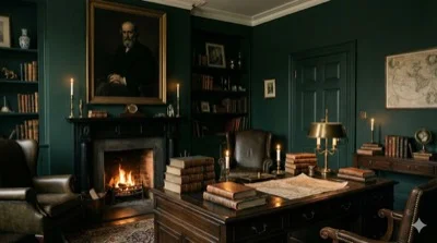 Dark academia study with leather chairs, fireplace, and books